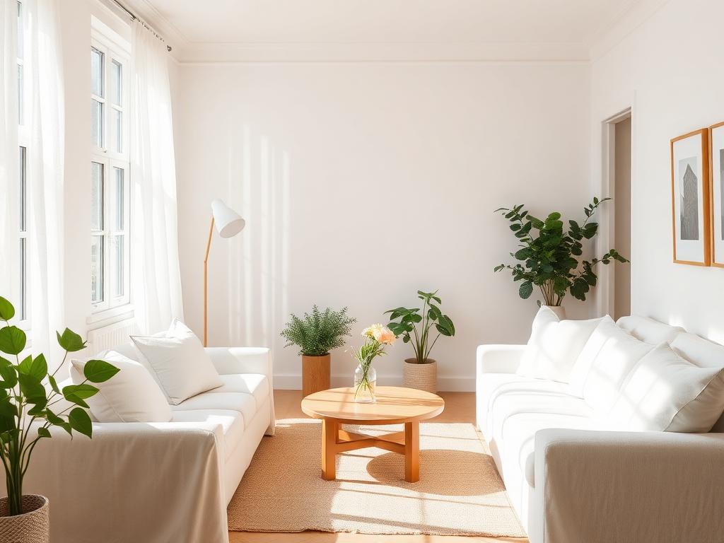 Bright sunlit tidy living room with clean white linens and a sprig of greenery